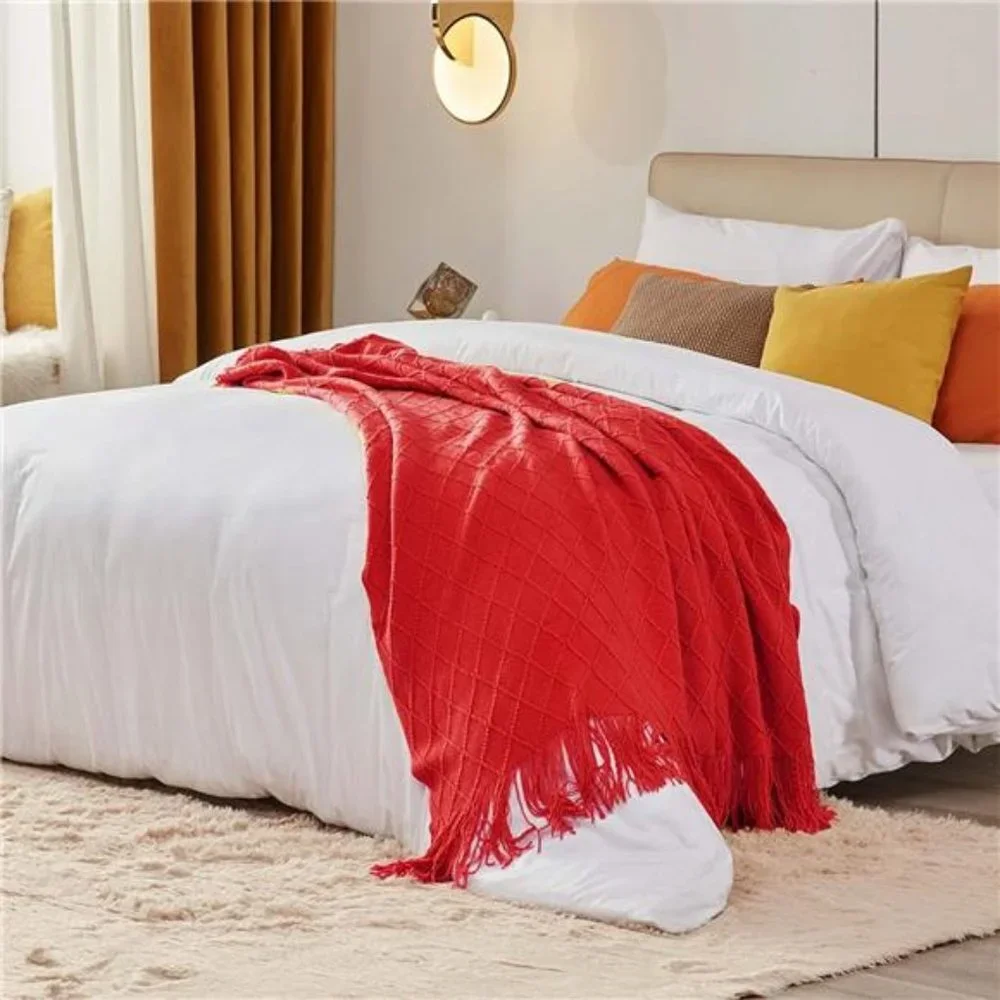 Decorative Knitted Throw Blankets Soft Cozy Blanket with Tassel, Red